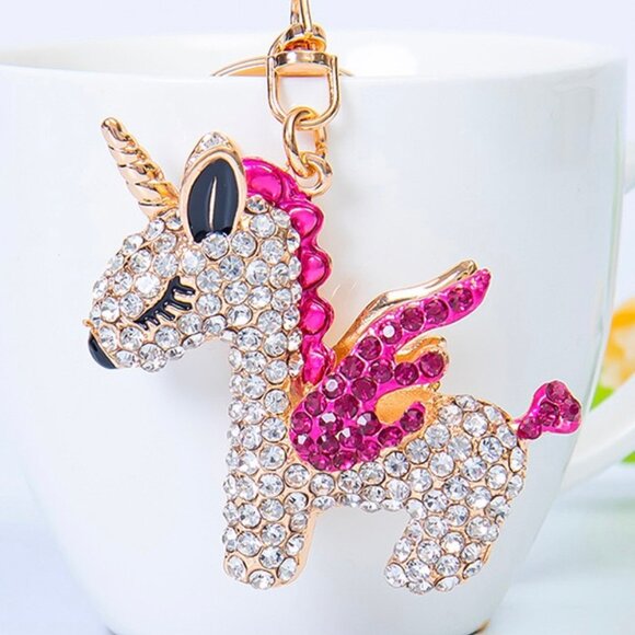 Unicorn Keychain Fuchsia Rhinestone Unicorn Charm Bag Charm Keychain Horse Charm - Picture 1 of 12